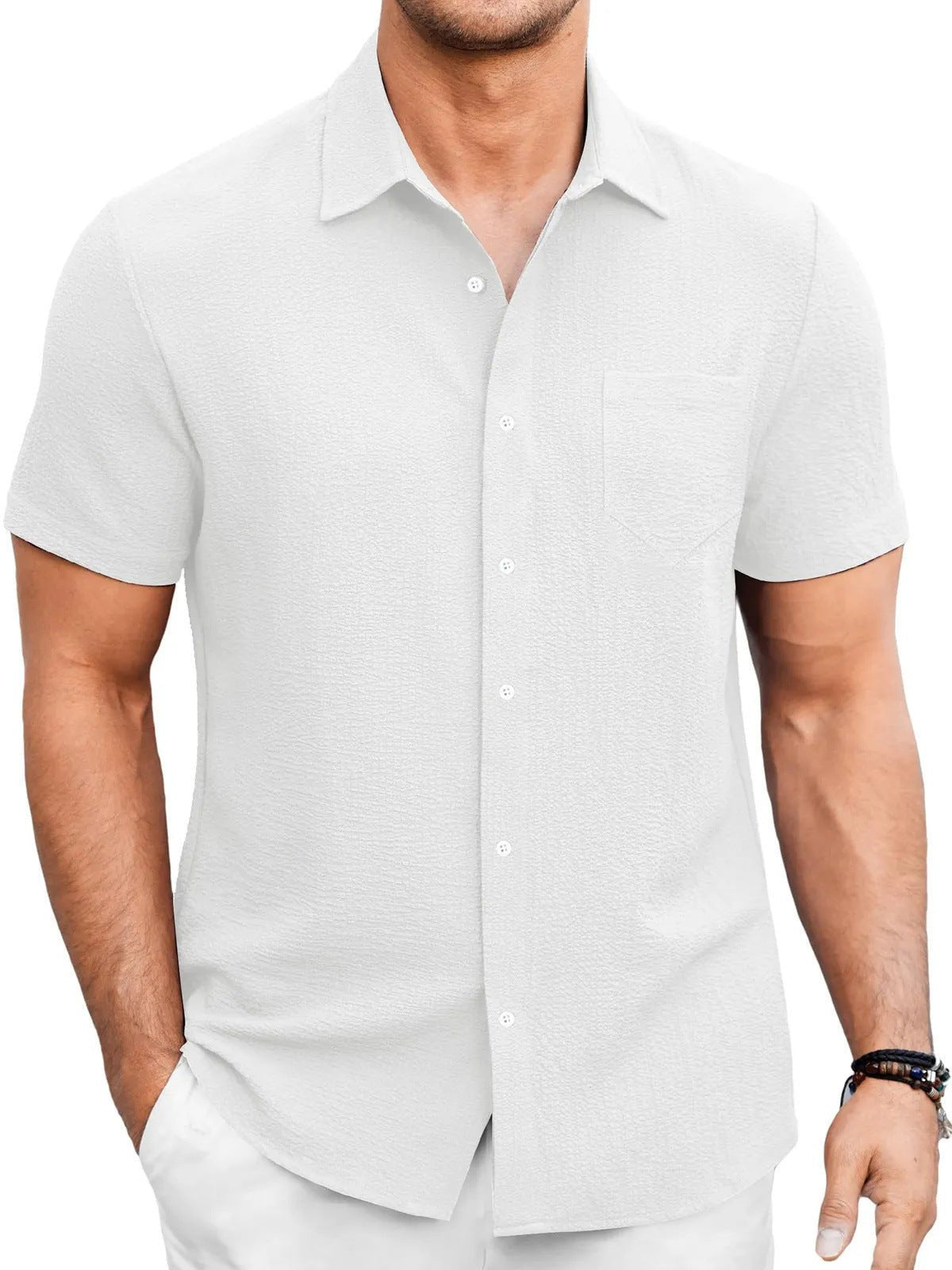 Chemise d'été en couleur unie pour hommes, simple et confortable, à manches courtes - Ivory Deals Market