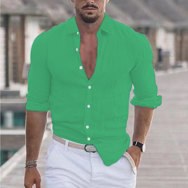 Chemise en lin pour hommes, chemise boutonnée, chemise de plage, couleur unie. - Ivory Deals Market