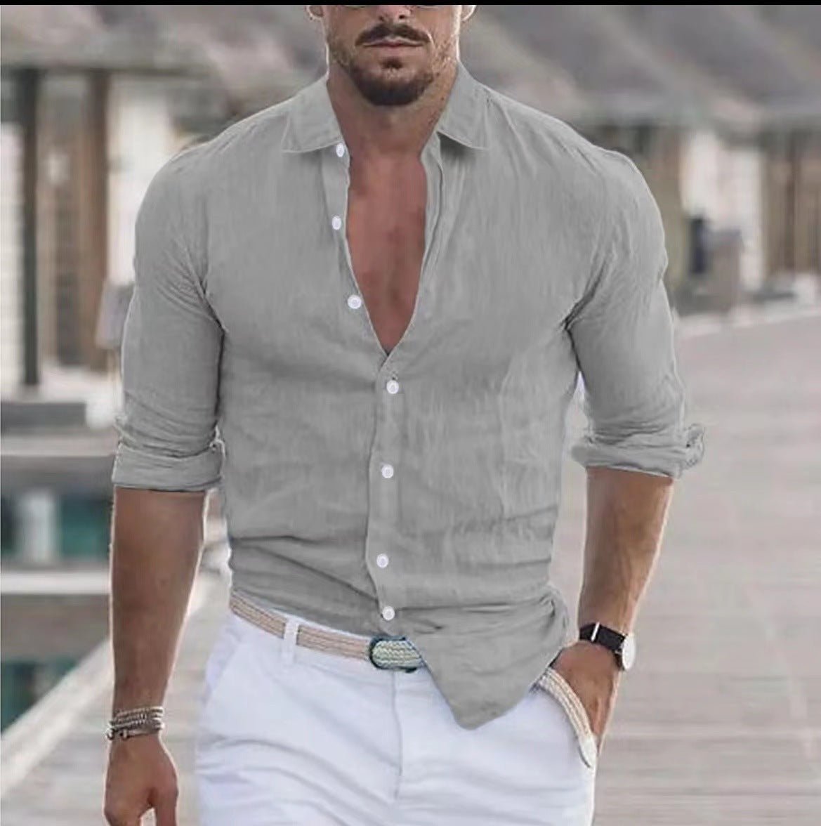 Chemise en lin pour hommes, chemise boutonnée, chemise de plage, couleur unie. - Ivory Deals Market