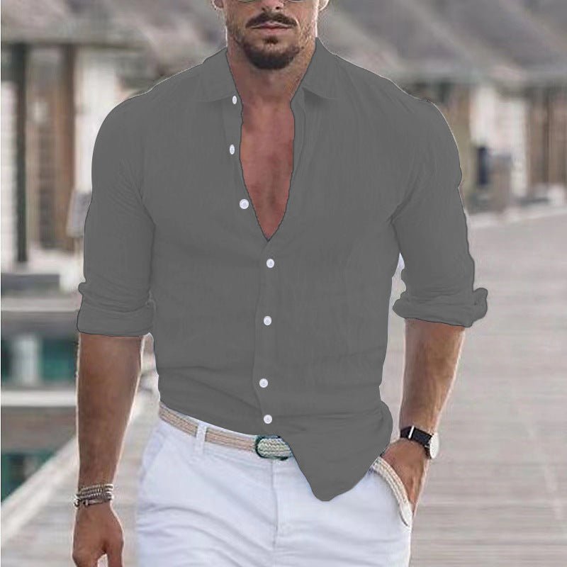 Chemise en lin pour hommes, chemise boutonnée, chemise de plage, couleur unie. - Ivory Deals Market