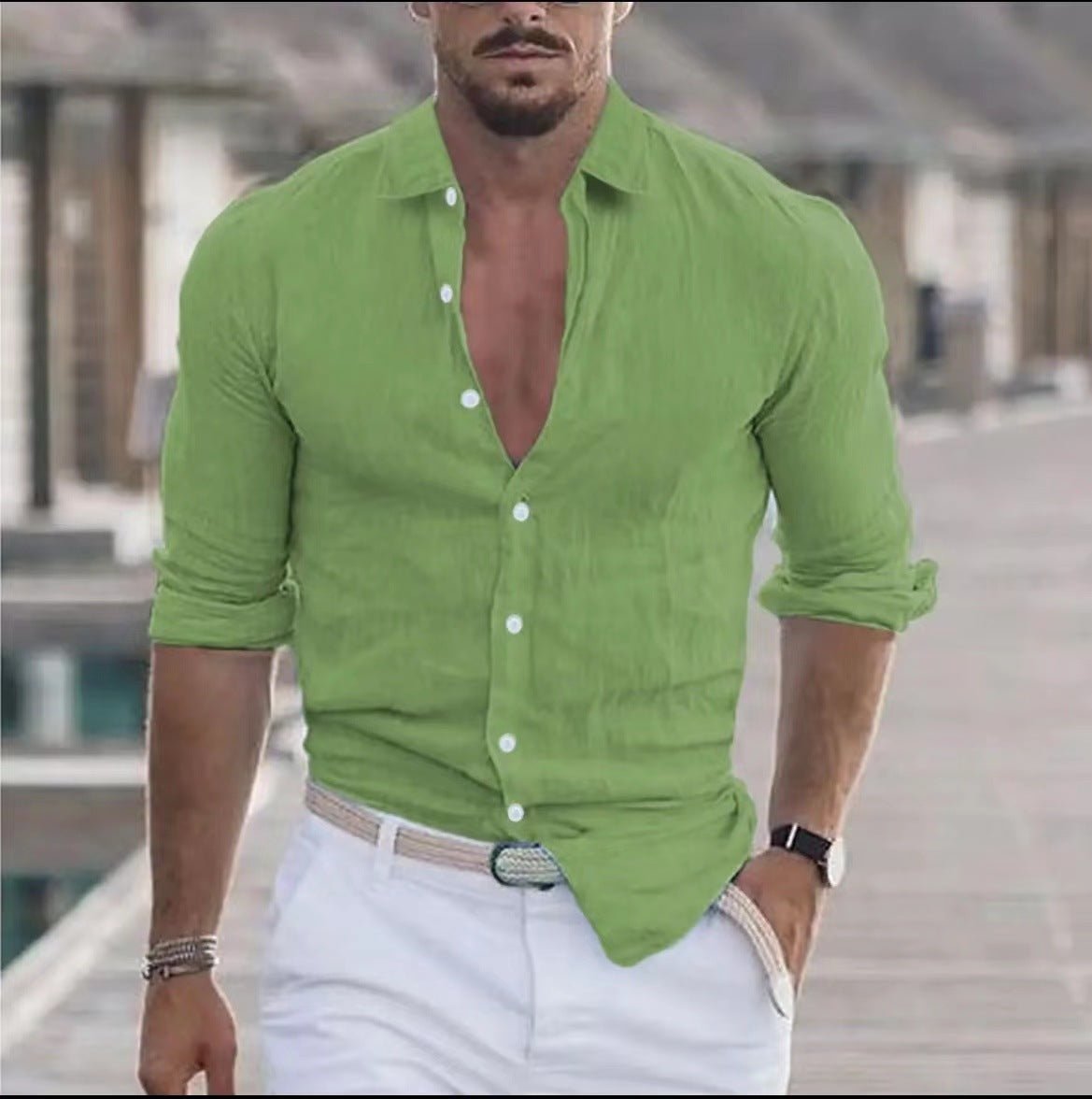 Chemise en lin pour hommes, chemise boutonnée, chemise de plage, couleur unie. - Ivory Deals Market