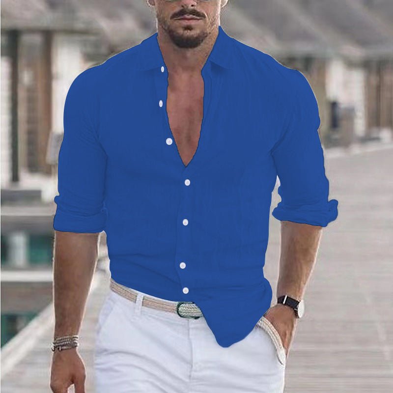 Chemise en lin pour hommes, chemise boutonnée, chemise de plage, couleur unie. - Ivory Deals Market