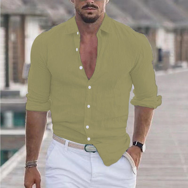 Chemise en lin pour hommes, chemise boutonnée, chemise de plage, couleur unie. - Ivory Deals Market