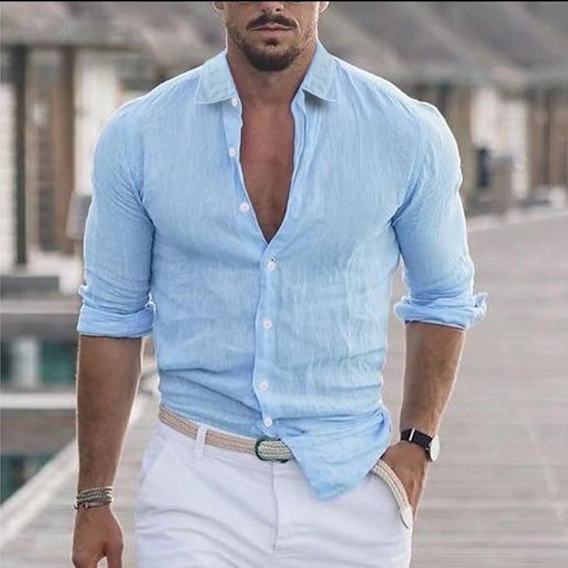 Chemise en lin pour hommes, chemise boutonnée, chemise de plage, couleur unie. - Ivory Deals Market