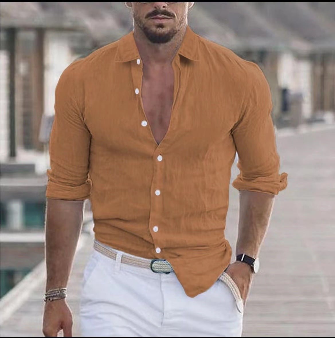 Chemise en lin pour hommes, chemise boutonnée, chemise de plage, couleur unie. - Ivory Deals Market