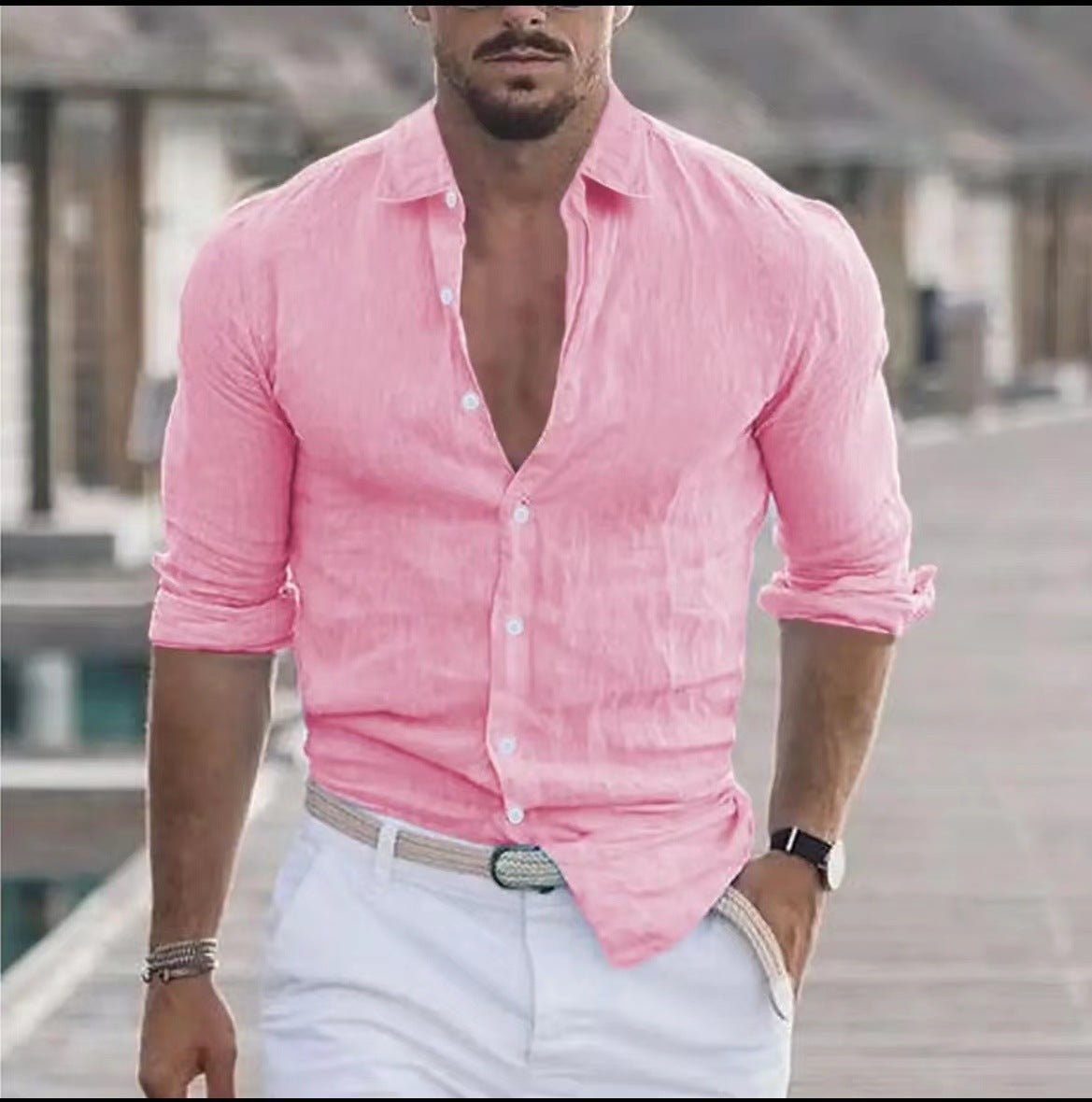 Chemise en lin pour hommes, chemise boutonnée, chemise de plage, couleur unie. - Ivory Deals Market