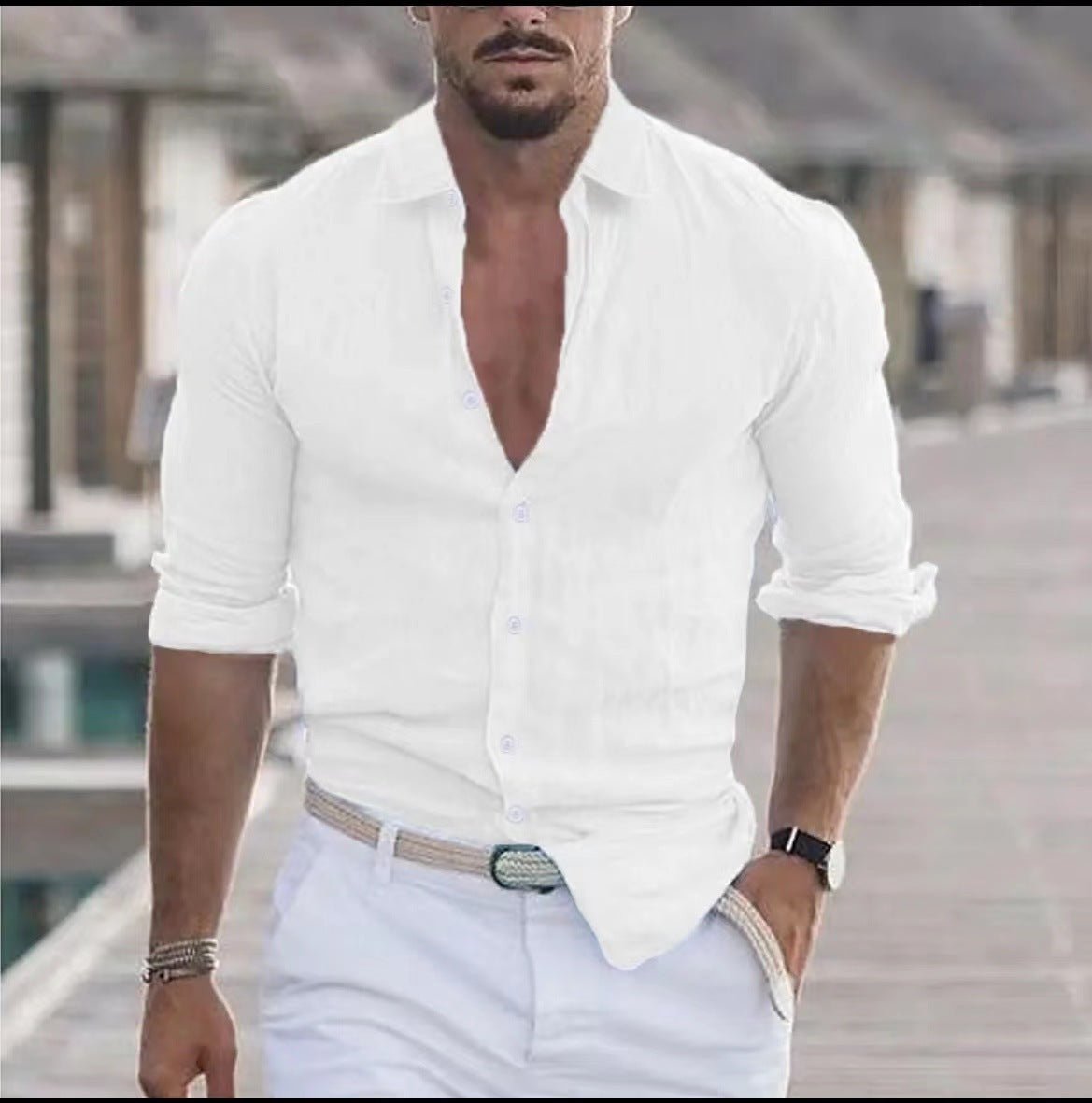 Chemise en lin pour hommes, chemise boutonnée, chemise de plage, couleur unie. - Ivory Deals Market