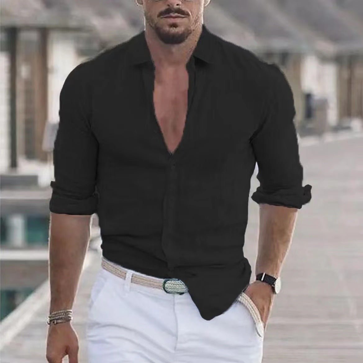 Chemise en lin pour hommes, chemise boutonnée, chemise de plage, couleur unie. - Ivory Deals Market