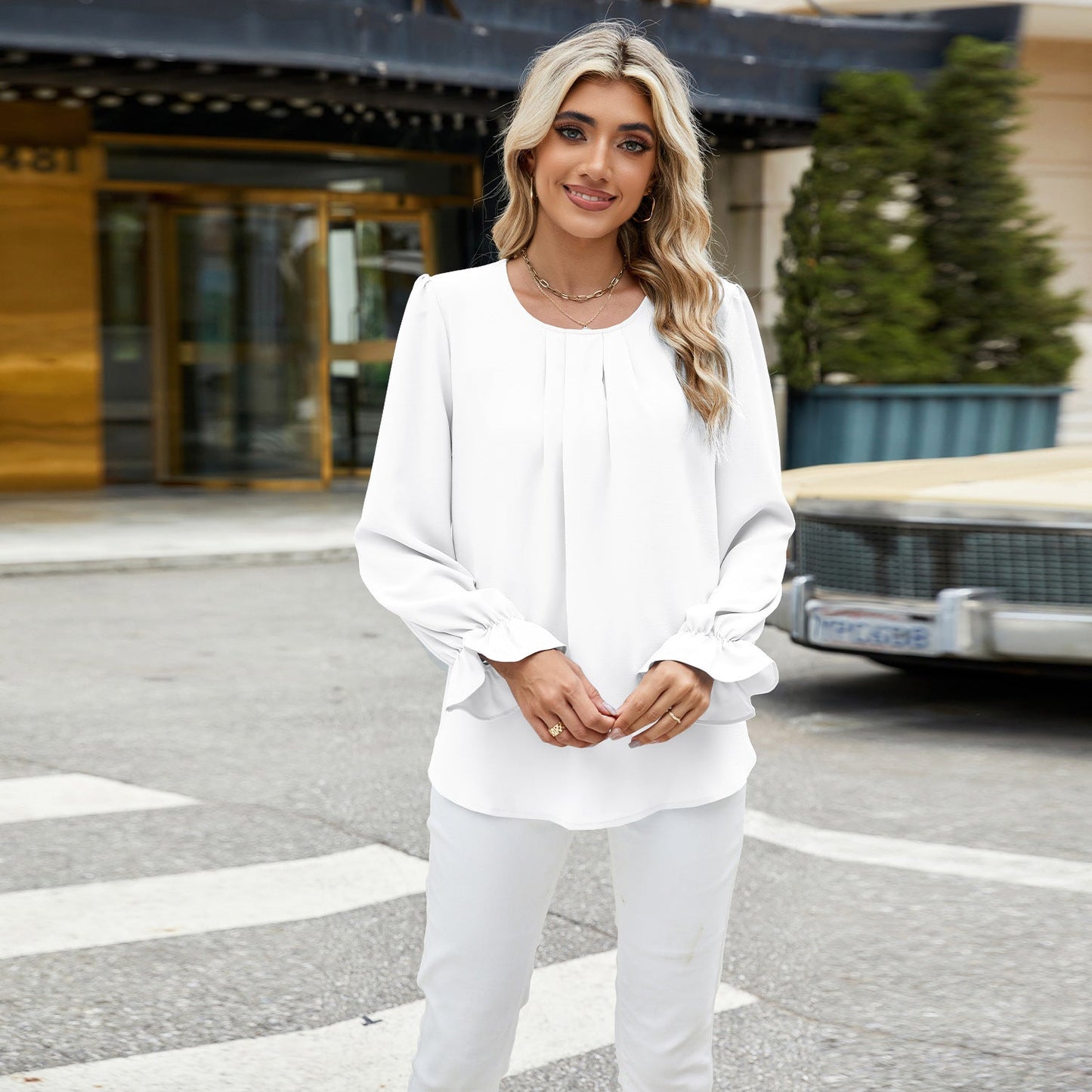 Chemise en mousseline de soie à manches longues col rond pour femmes - Ivory Deals Market