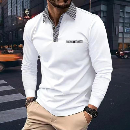 Chemise polo à carreaux décontractée à col en V, mode, couleur unie, manches longues, vêtements pour hommes. - Ivory Deals Market