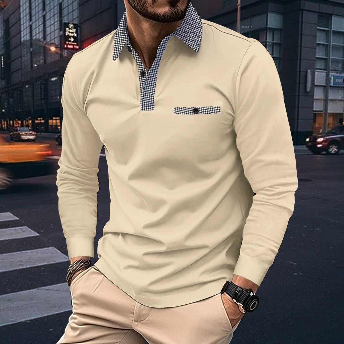 Chemise polo à carreaux décontractée à col en V, mode, couleur unie, manches longues, vêtements pour hommes. - Ivory Deals Market