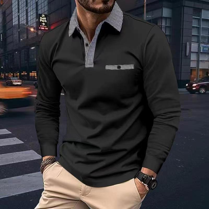 Chemise polo à carreaux décontractée à col en V, mode, couleur unie, manches longues, vêtements pour hommes. - Ivory Deals Market