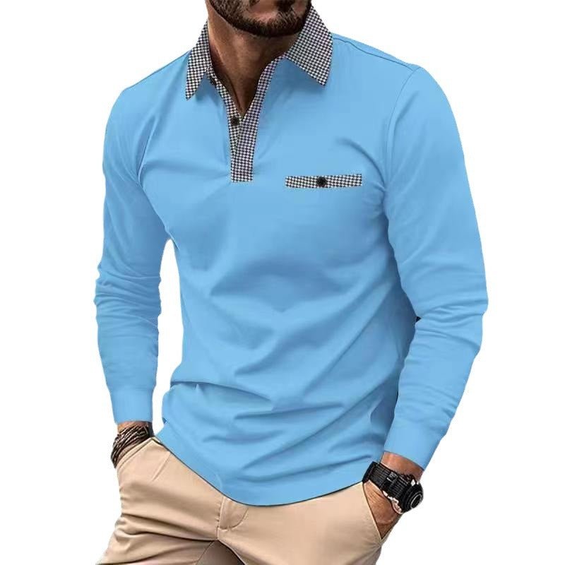 Chemise polo à carreaux décontractée à col en V, mode, couleur unie, manches longues, vêtements pour hommes. - Ivory Deals Market