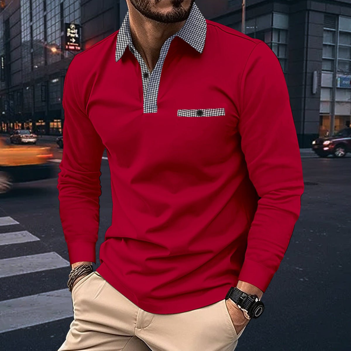 Chemise polo à carreaux décontractée à col en V, mode, couleur unie, manches longues, vêtements pour hommes. - Ivory Deals Market