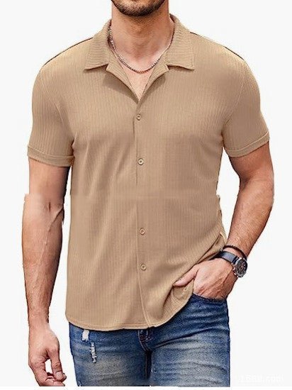 Chemise polo à manches courtes à col décontracté avec bouton Chemise en coton mixte homme - Ivory Deals Market