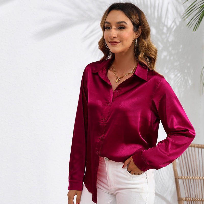 Chemisier à manches longues en satin de couleur unie pour femmes - Ivory Deals Market