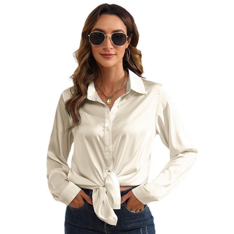 Chemisier à manches longues en satin de couleur unie pour femmes - Ivory Deals Market