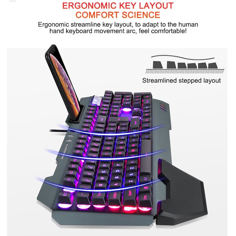 ''Clavier de jeu filaire ergonomique avec rétroéclairage RGB et support pour téléphone'' - Ivory Deals Market