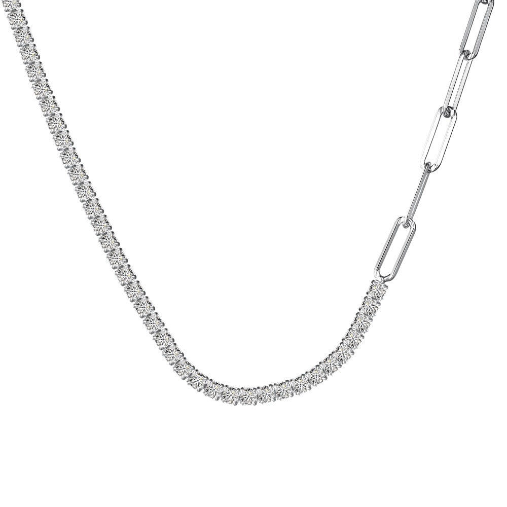 Collier à chaîne ronde en argent S925, blanc rond | incrusté de chaîne de tennis | collier design double pièce - Ivory Deals Market