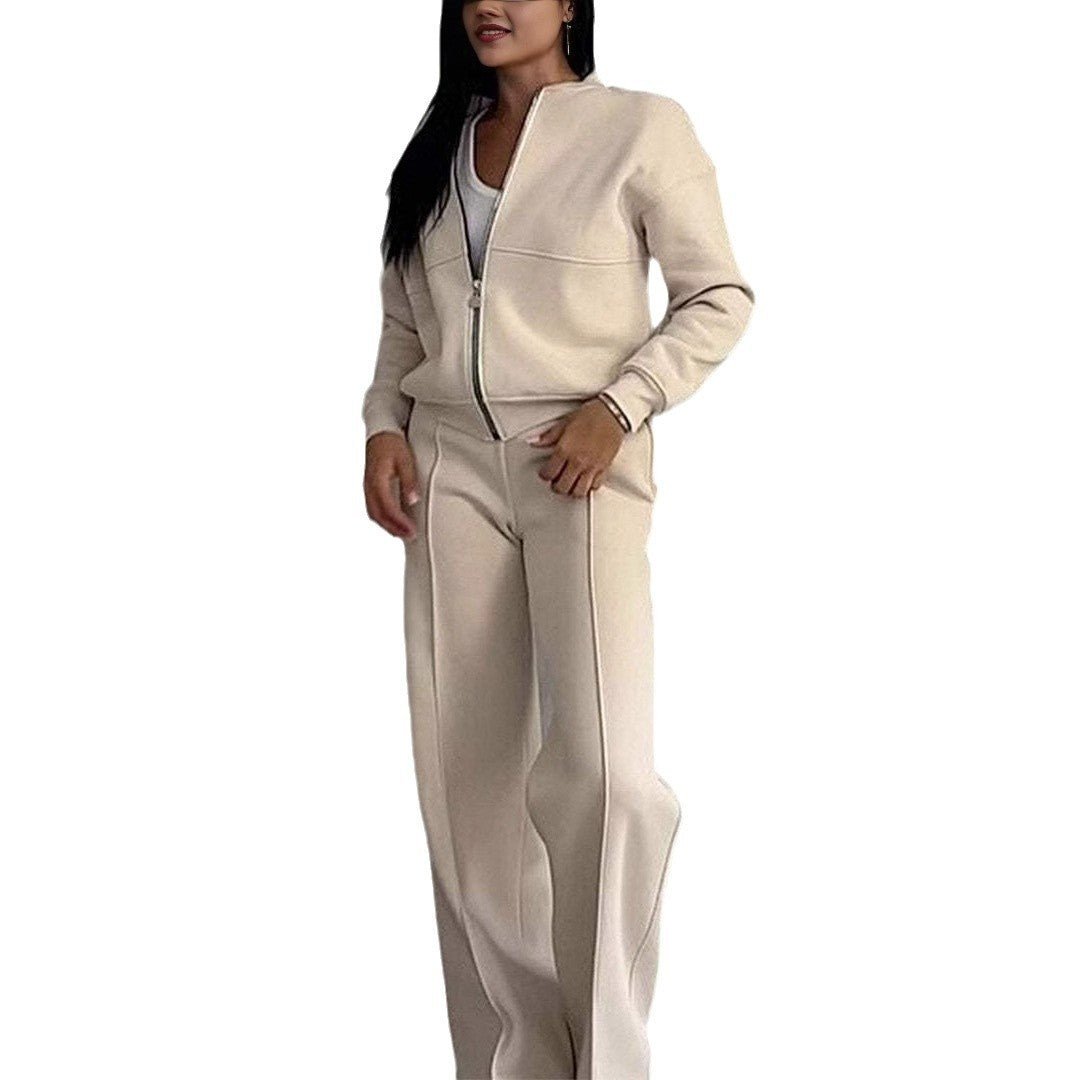 Combinaisons de sport pour femmes Veste zippée et pantalon large Ensemble deux pièces - Ivory Deals Market