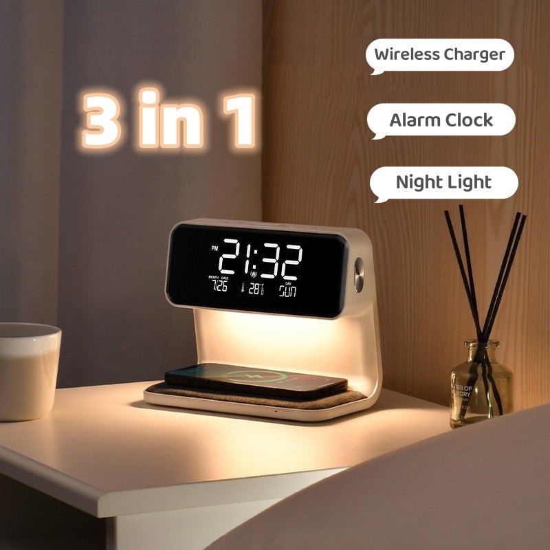 Creative 3 en 1 lampe de chevet avec chargeur sans fil, écran LCD et réveil. Chargeur sans fil pour téléphone. - Ivory Deals Market