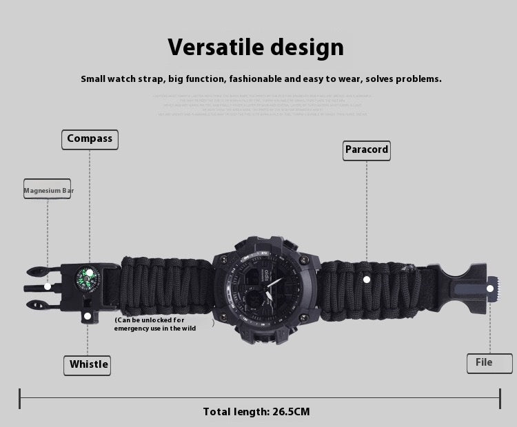 Montre tactique de survie spéciale pour hommes en plein air avec boussole, corde de parachute étanche et anneau en chaîne