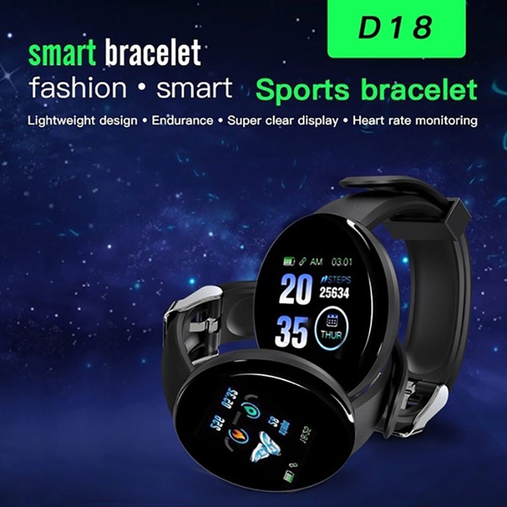 D18 Montre intelligente Bluetooth, Hommes Femmes Moniteur de tension artérielle et de fréquence cardiaque, Bracelet intelligent de suivi d'activité physique pour Android et iOS - Ivory Deals Market