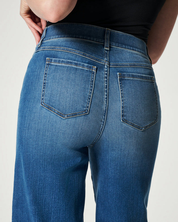 Pantalon en jeans taille haute décontracté, pantalon droit à jambes larges pour femmes - Ivory Deals Market