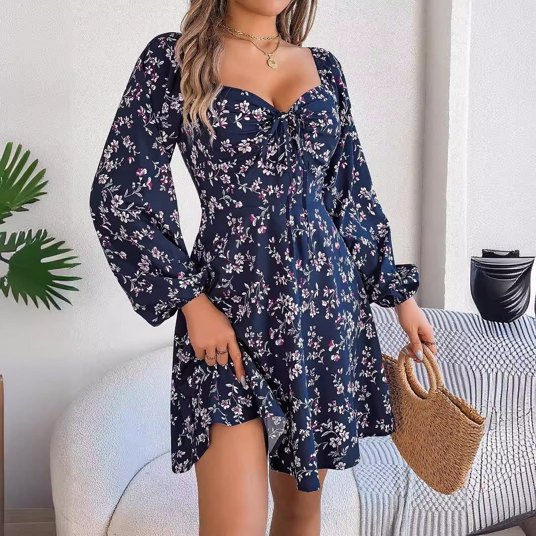 Robe à imprimé floral à manches lanternes, décontractée et sexy, à encolure carrée et manches longues pour femmes - Ivory Deals Market