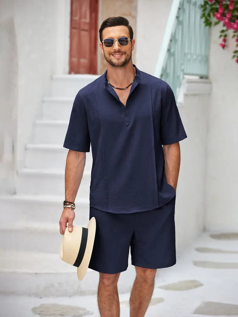 Ensemble en lin pour hommes de 2 pièces, chemise Henley à manches courtes et shorts, tenues assorties pour l'été à la plage et le yoga.