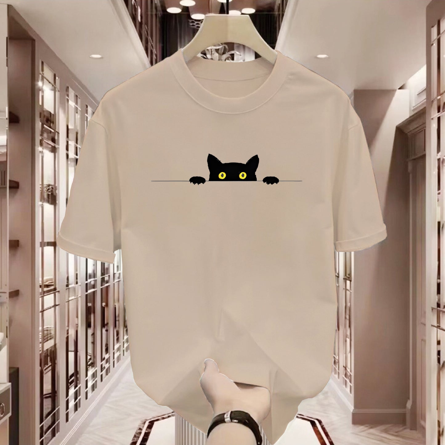 T-shirt à col rond imprimée chatte mignonne à manches courtes