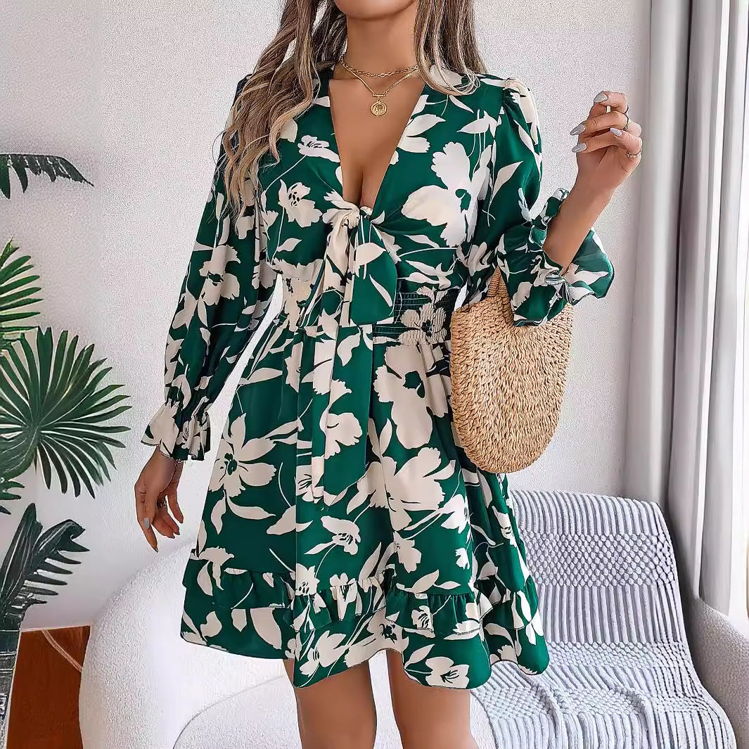 Nouvelle robe à manches longues à encolure en V imprimée de fleurs, avec volants et nœud, style A-ligne Vêtements pour femmes - Ivory Deals Market