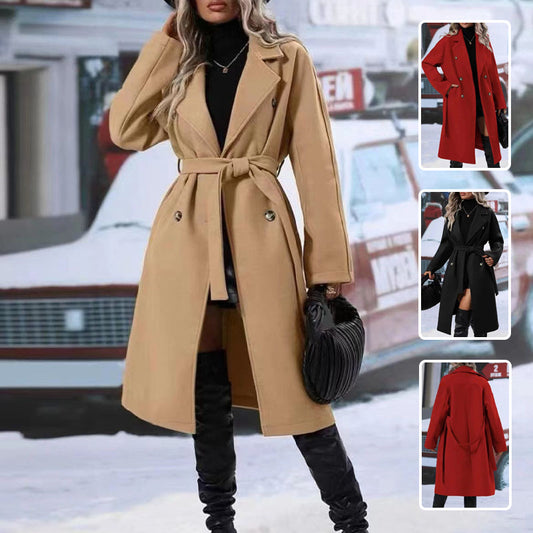 revers double boutonnage trench-coat avec ceinture mode d’hiver couleur unie veste longue vêtements d’extérieur femmes vêtements