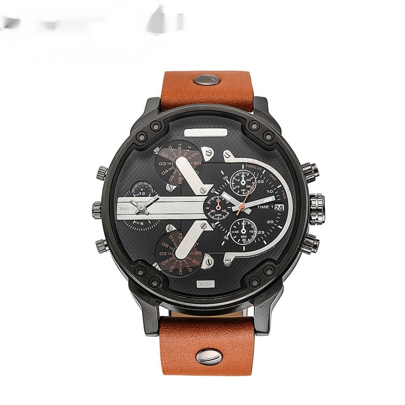 Montre pour hommes à quartz avec double fuseau horaire, grand cadran, boîtier noir et bracelet en cuir.