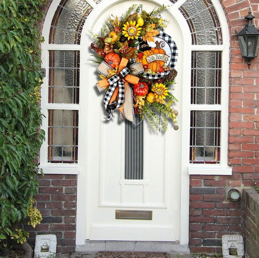 Décoration en bois avec une couronne de tournesols et de citrouilles pour le jour de l'Action de grâce - Ivory Deals Market