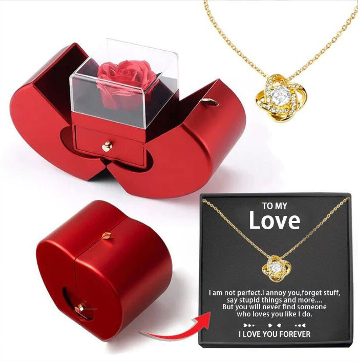 Boîte à bijoux de mode, pomme rouge, cadeau de Noël, collier, rose éternelle pour fille, Fête des Mères, cadeaux de la Saint-Valentin avec une fleur artificielle dans la boîte à bijoux.