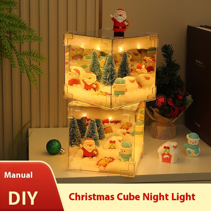 Kit de matériaux de bricolage pour décorations de Noël : miroir, lampe cube LED 3D, Père Noël, bonhomme de neige, sapin et guirlandes lumineuses.