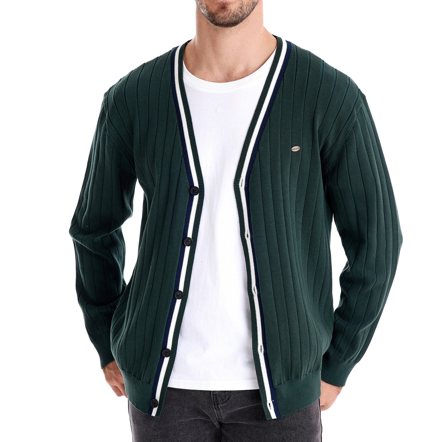 Pull Homme Col en V Manches Longues Pull Tendance Couleur Contrastée