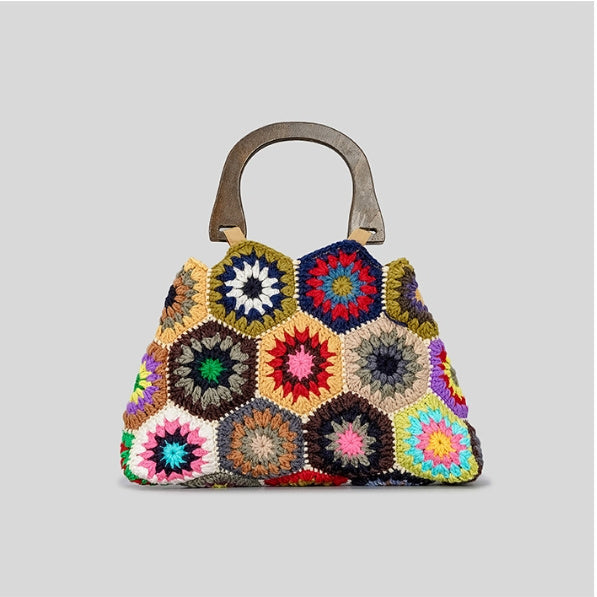 Sac à main en coton tressé à motifs à carreaux pour femmes, avec poignée en bambou, pour le printemps et l'été.