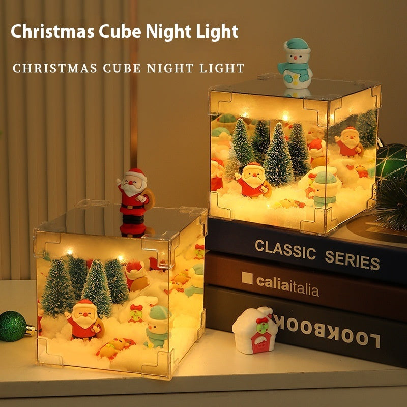 Kit de matériaux de bricolage pour décorations de Noël : miroir, lampe cube LED 3D, Père Noël, bonhomme de neige, sapin et guirlandes lumineuses.