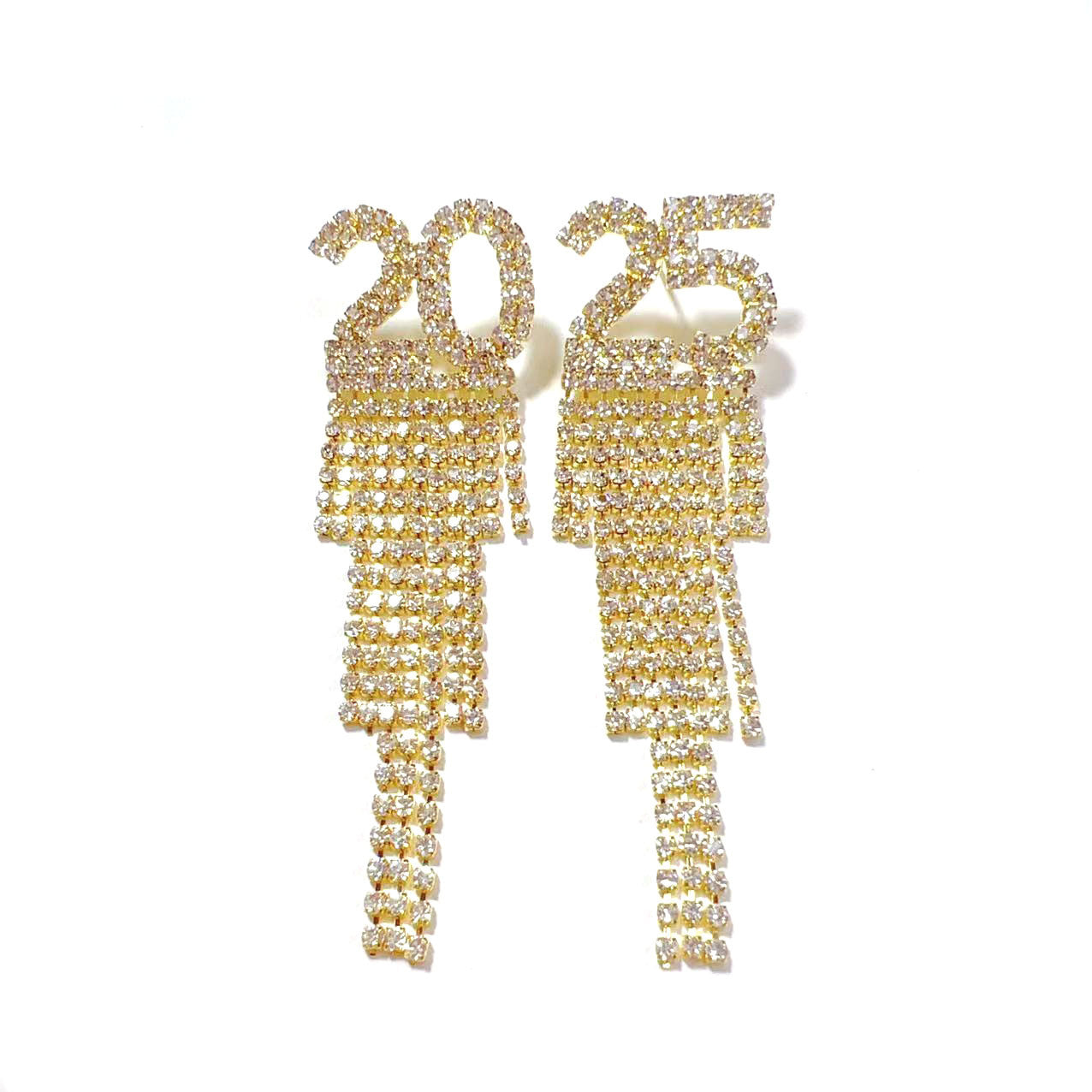 Boucles d'oreilles en lettres de strass numériques 2025 pour le Nouvel An, boucles d'oreilles pendantes, boucles d'oreilles de festival pour femmes, en cuivre incrusté de strass, boucles d'oreilles de mode, cadeau de fête.