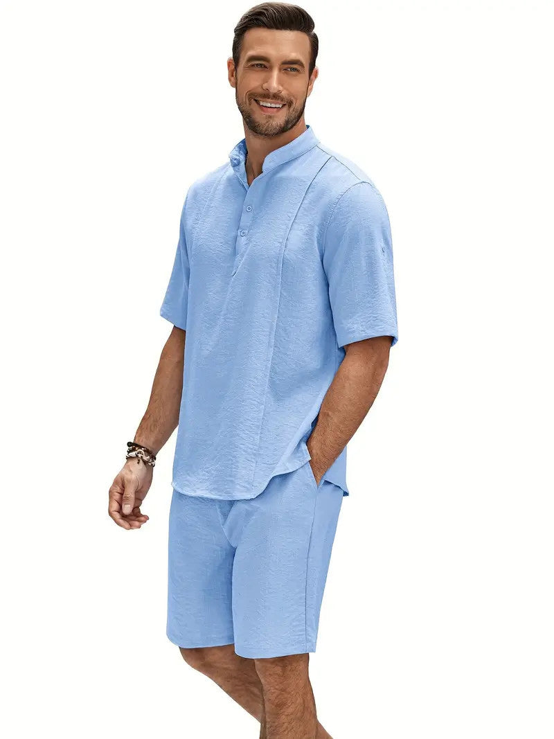 Ensemble en lin pour hommes de 2 pièces, chemise Henley à manches courtes et shorts, tenues assorties pour l'été à la plage et le yoga.