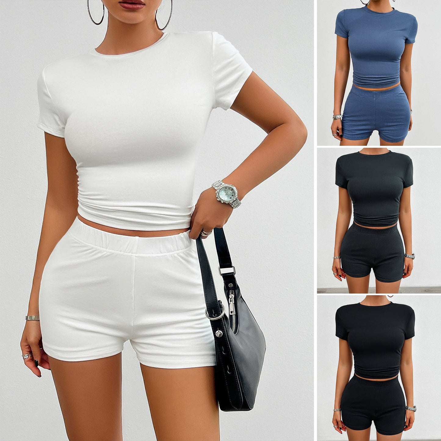 Ensemble de sport uni ajusté, composé d'un t-shirt à manches courtes à encolure ronde et d'un short élastique. Tenue estivale pour femmes. - Ivory Deals Market