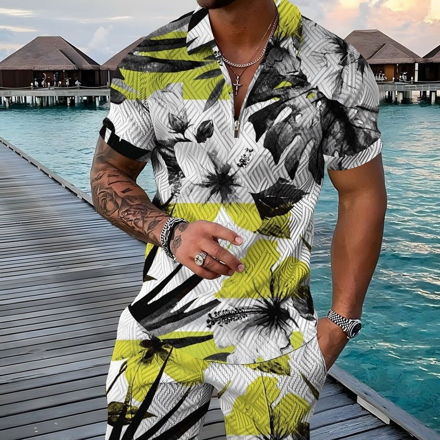 Ensemble T-shirt à fleurs rétro décontracté pour hommes avec short à fermeture éclair - Ivory Deals Market