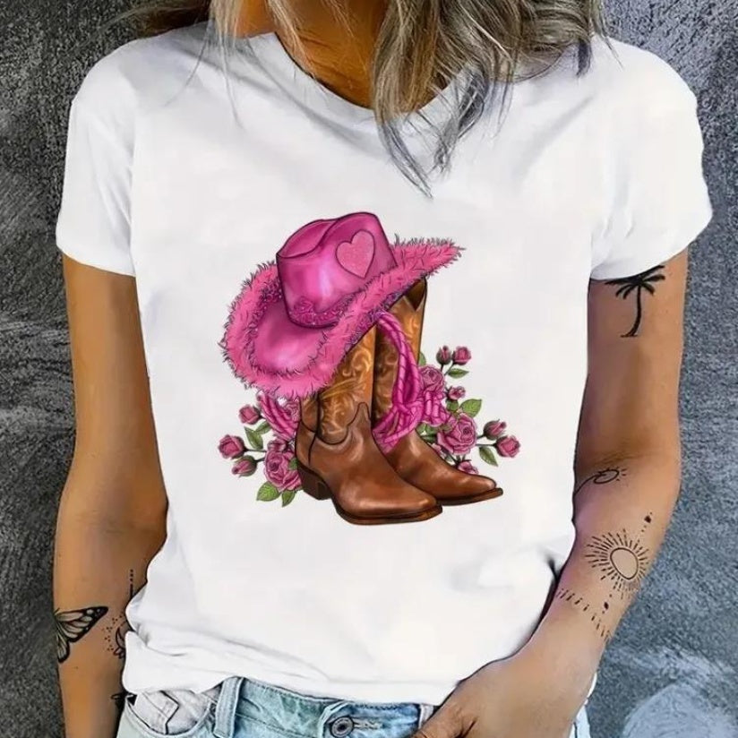 T-shirts à imprimé floral pour les cowgirls, été pour femmes