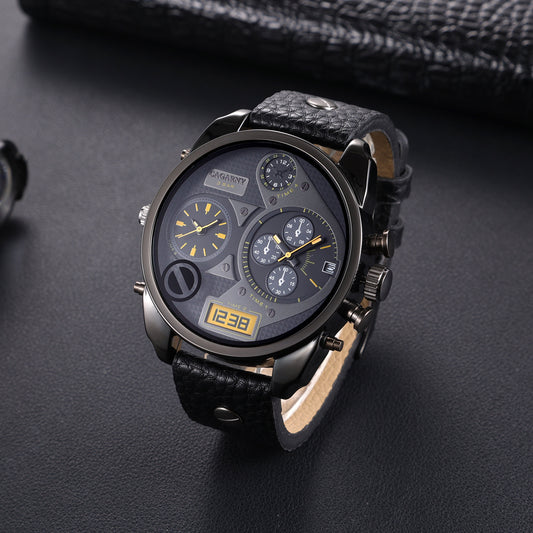 Montre à quartz pour hommes avec double cadran, style décontracté.