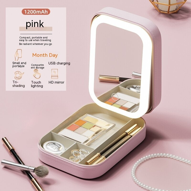 Boîte de rangement pour maquillage avec miroir à LED, portable pour les déplacements, organisateur de rangement pour produits cosmétiques avec éclairage tactile.