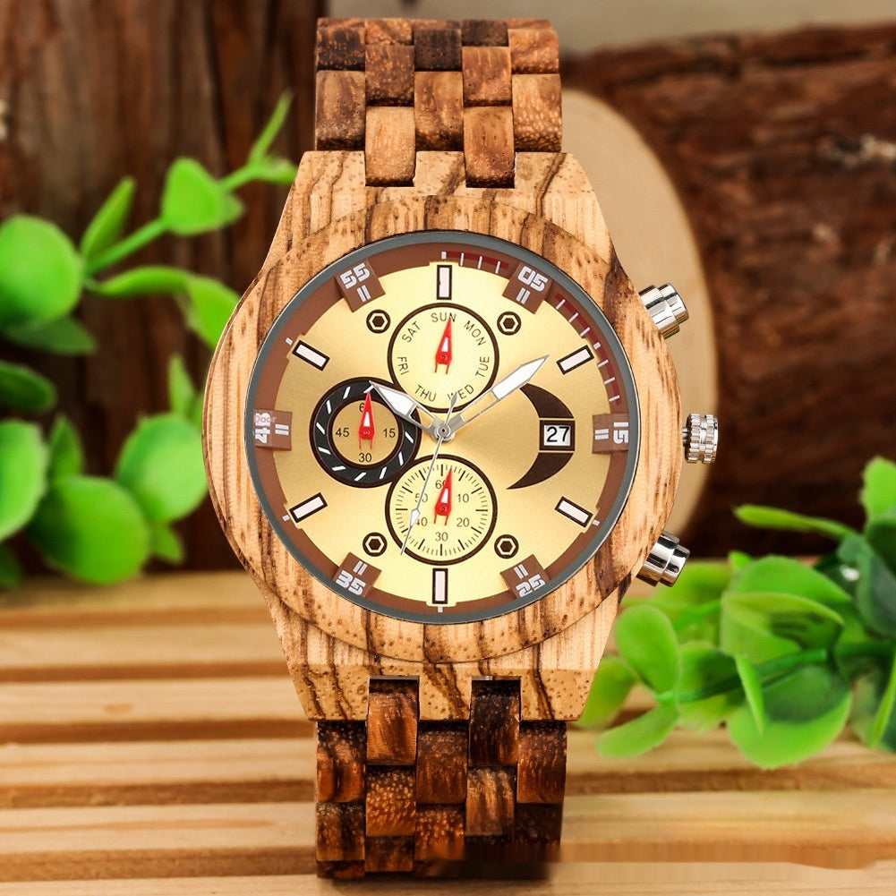 Montre à quartz avec bracelet en bois complet et fonctionnalités multiples.