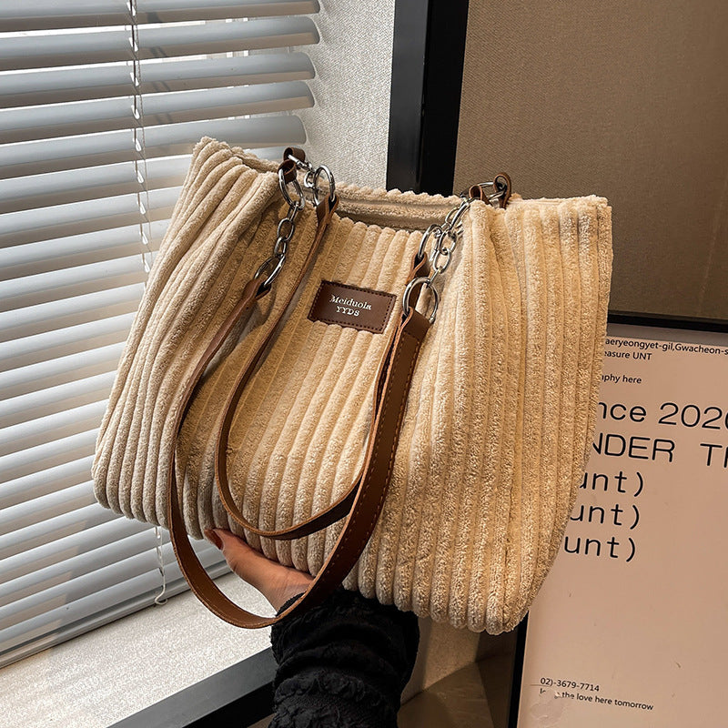 Sac à épaule rétro de grande capacité, sac fourre-tout simple et portable, en velours côtelé, solide, pour les navetteurs, avec fermeture éclair, sac à main pour femmes.