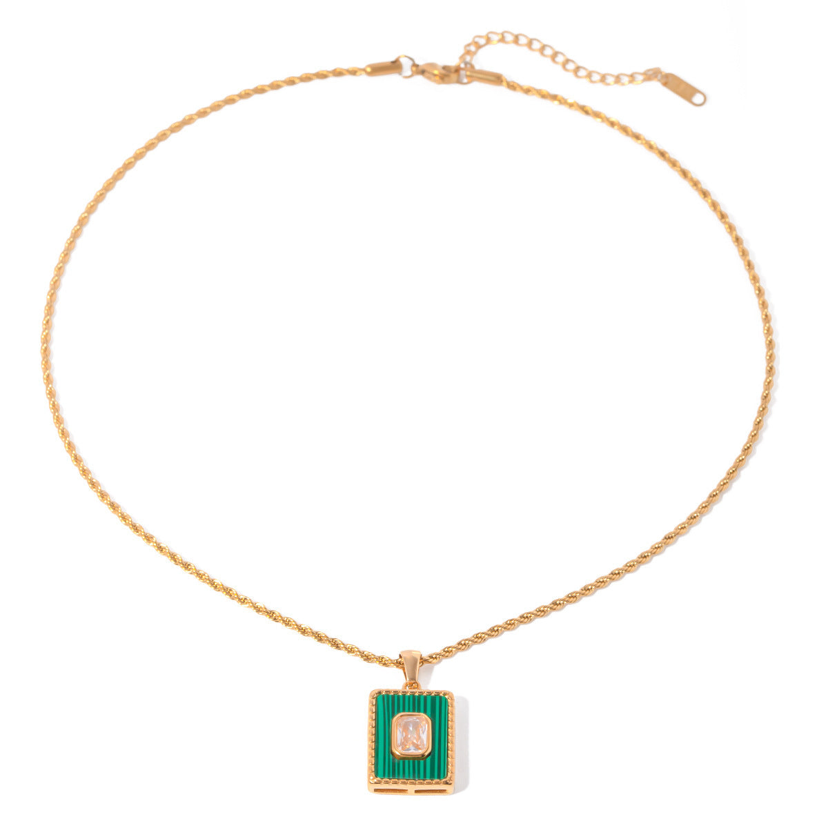 Collier en acier inoxydable rectangulaire avec pendentif vert pour femmes.